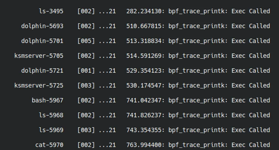 Terminal showing the output of the eBPF program capturing calls to execve